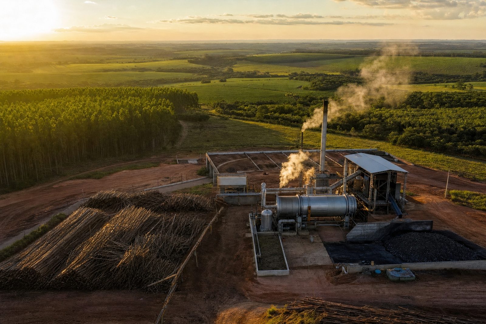 Luftaufnahme einer Pyrolyseanlage mit Biomasselager inmitten einer Eukalyptusplantage in Brasilien